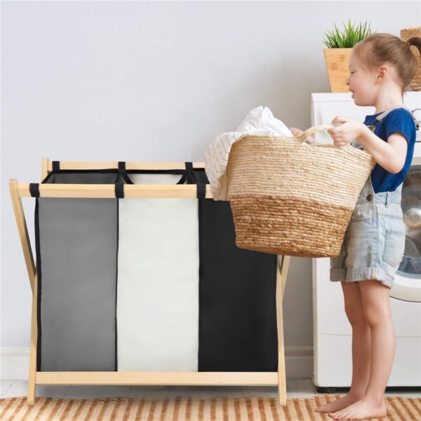 Cos de rufe cu 3 compartimente, cadru din lemn, 67x42x57 cm, 105 litri - imagine 20