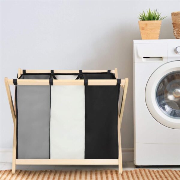 Cos de rufe cu 3 compartimente, cadru din lemn, 67x42x57 cm, 105 litri - imagine 21