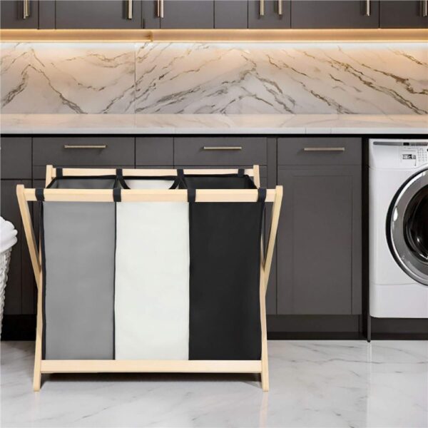 Cos de rufe cu 3 compartimente, cadru din lemn, 67x42x57 cm, 105 litri - imagine 22