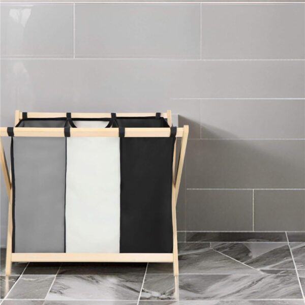 Cos de rufe cu 3 compartimente, cadru din lemn, 67x42x57 cm, 105 litri - imagine 23