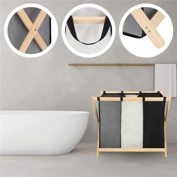 Cos de rufe cu 3 compartimente, cadru din lemn, 67x42x57 cm, 105 litri - imagine 24