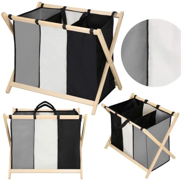 Cos de rufe cu 3 compartimente, cadru din lemn, 67x42x57 cm, 105 litri - imagine 4