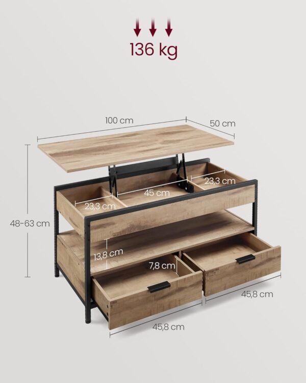VASAGLE Masuta de cafea cu blat rabatabil 100x50 cm, 5 compartimente, stil industrial, PAL si otel, maro-negru - imagine 3