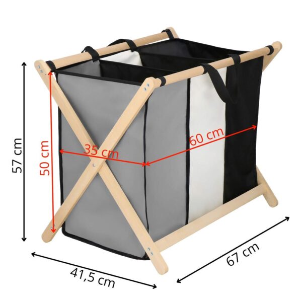 Cos de rufe cu 3 compartimente, cadru din lemn, 67x42x57 cm, 105 litri - imagine 26