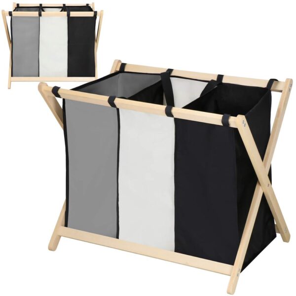 Cos de rufe cu 3 compartimente, cadru din lemn, 67x42x57 cm, 105 litri - imagine 5