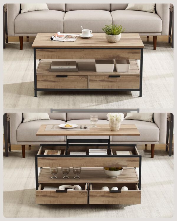 VASAGLE Masuta de cafea cu blat rabatabil 100x50 cm, 5 compartimente, stil industrial, PAL si otel, maro-negru - imagine 4