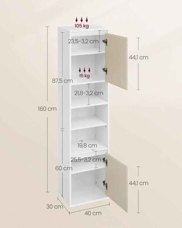 VASAGLE Dulap baie cu montare pe podea sau perete, 7 compartimente, 30x40x160 cm, alb bej - imagine 5