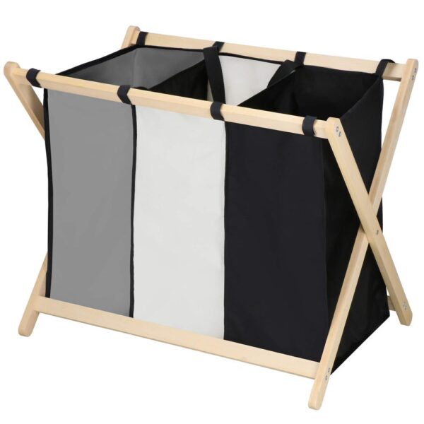 Cos de rufe cu 3 compartimente, cadru din lemn, 67x42x57 cm, 105 litri
