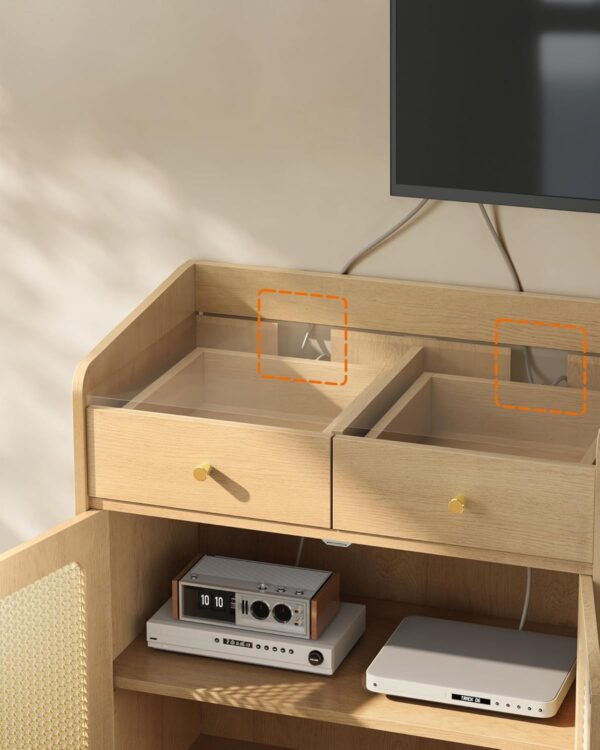 SONGMICS Dulap 70x40x90 cm, cu 2 sertare, raft reglabil si usi duble, MDF si lemn masiv, stil boho, stejar bej - imagine 5