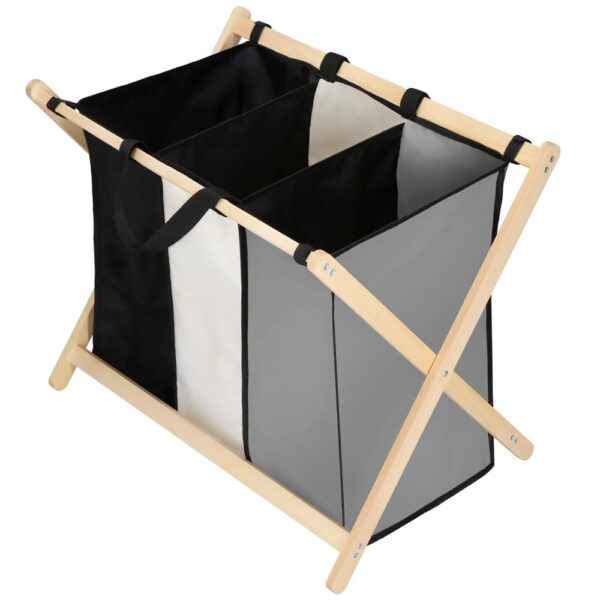 Cos de rufe cu 3 compartimente, cadru din lemn, 67x42x57 cm, 105 litri - imagine 6