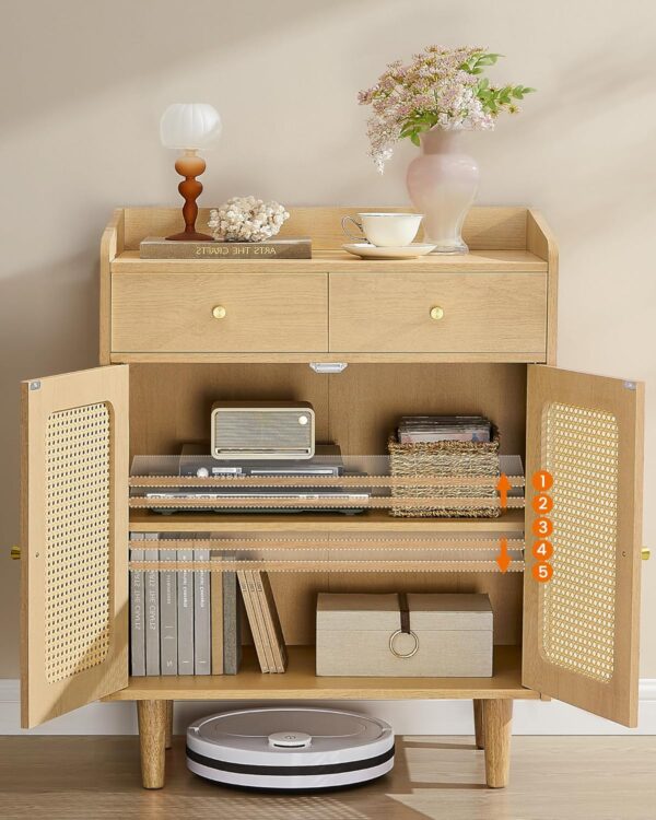 SONGMICS Dulap 70x40x90 cm, cu 2 sertare, raft reglabil si usi duble, MDF si lemn masiv, stil boho, stejar bej - imagine 6