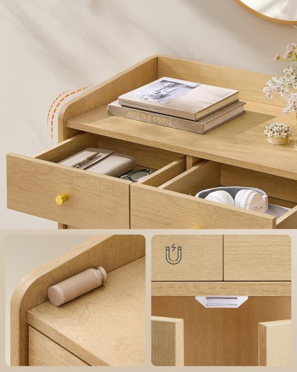 SONGMICS Dulap 70x40x90 cm, cu 2 sertare, raft reglabil si usi duble, MDF si lemn masiv, stil boho, stejar bej - imagine 7