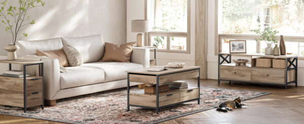 VASAGLE Masuta de cafea cu blat rabatabil 100x50 cm, 5 compartimente, stil industrial, PAL si otel, maro-negru - imagine 7