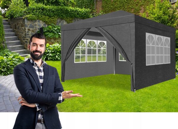 Pereti laterali pavilion 295x195 cm, set 4 bucati, cu ferestre si usa, PE impermeabil, gri - imagine 9