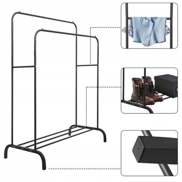 Suport metalic pentru haine 110x55x145 cm, cu bara dubla si raft pentru incaltaminte, negru - imagine 11