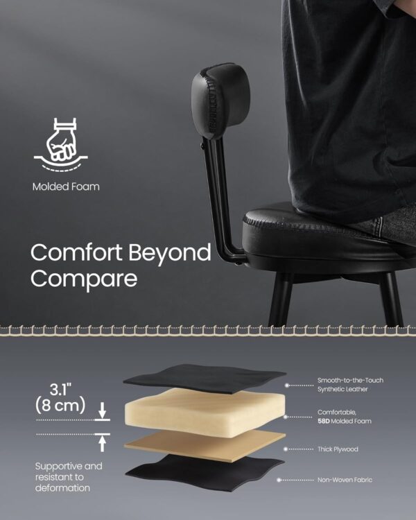 VASAGLE set 2 scaune de bar rotative 360°, cu spatar, inaltime 101 cm, piele sintetica, cadru otel, stil modern, negru - imagine 3