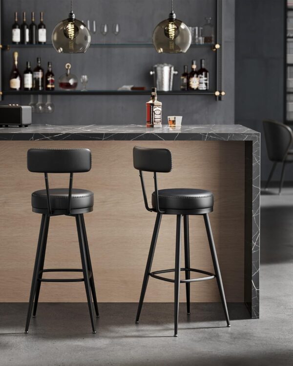 VASAGLE set 2 scaune de bar rotative 360°, cu spatar, inaltime 101 cm, piele sintetica, cadru otel, stil modern, negru - imagine 7