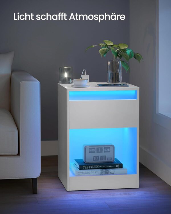 VASAGLE noptiera cu iluminare LED reglabila, 35x40x55 cm, 2 sertare, raft deschis, MDF si PAL, alb - imagine 8