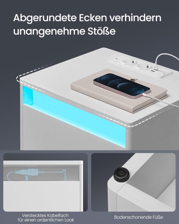 VASAGLE noptiera cu iluminare LED reglabila, 35x40x55 cm, 2 sertare, raft deschis, MDF si PAL, alb - imagine 7