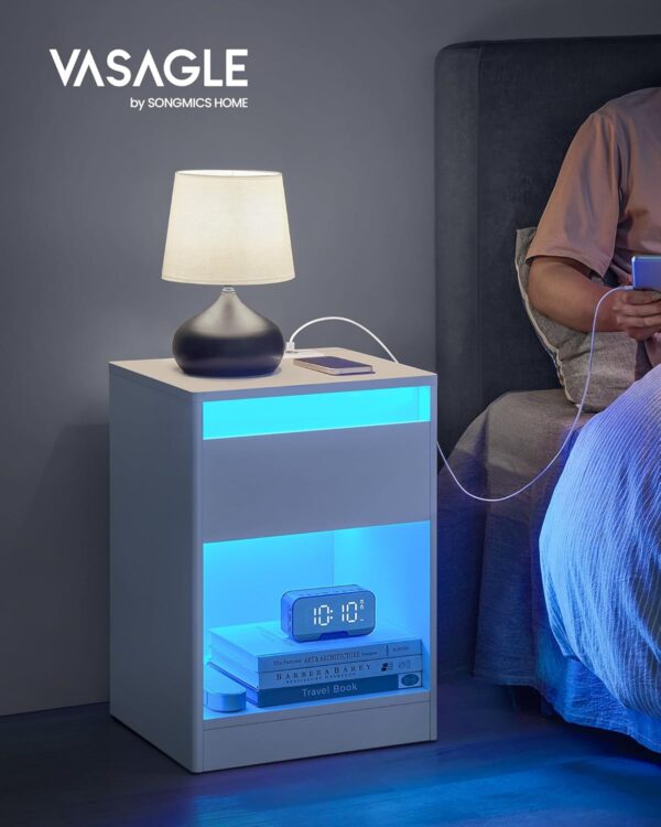 VASAGLE noptiera cu iluminare LED reglabila, 35x40x55 cm, 2 sertare, raft deschis, MDF si PAL, alb - imagine 3