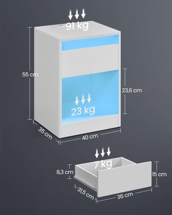 VASAGLE noptiera cu iluminare LED reglabila, 35x40x55 cm, 2 sertare, raft deschis, MDF si PAL, alb - imagine 2