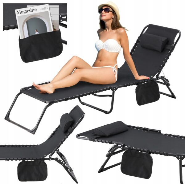 Sezlong pliabil 190x58x30 cm, cu spatar reglabil, perna si buzunar lateral, cadru metalic, negru - imagine 10