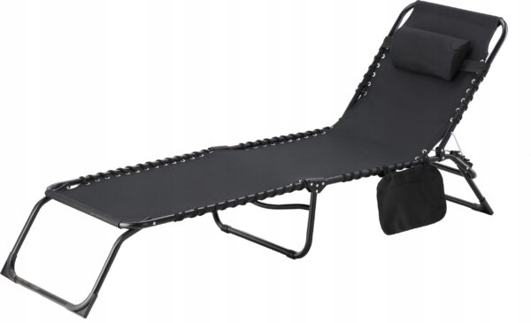 Sezlong pliabil 190x58x30 cm, cu spatar reglabil, perna si buzunar lateral, cadru metalic, negru - imagine 2