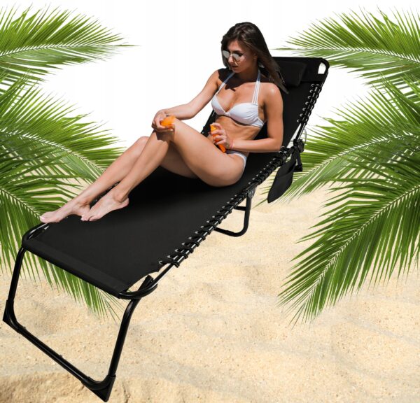 Sezlong pliabil 190x58x30 cm, cu spatar reglabil, perna si buzunar lateral, cadru metalic, negru - imagine 5