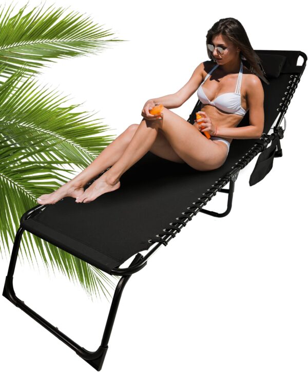 Sezlong pliabil 190x58x30 cm, cu spatar reglabil, perna si buzunar lateral, cadru metalic, negru - imagine 6