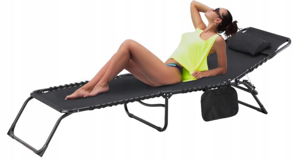 Sezlong pliabil 190x58x30 cm, cu spatar reglabil, perna si buzunar lateral, cadru metalic, negru - imagine 8