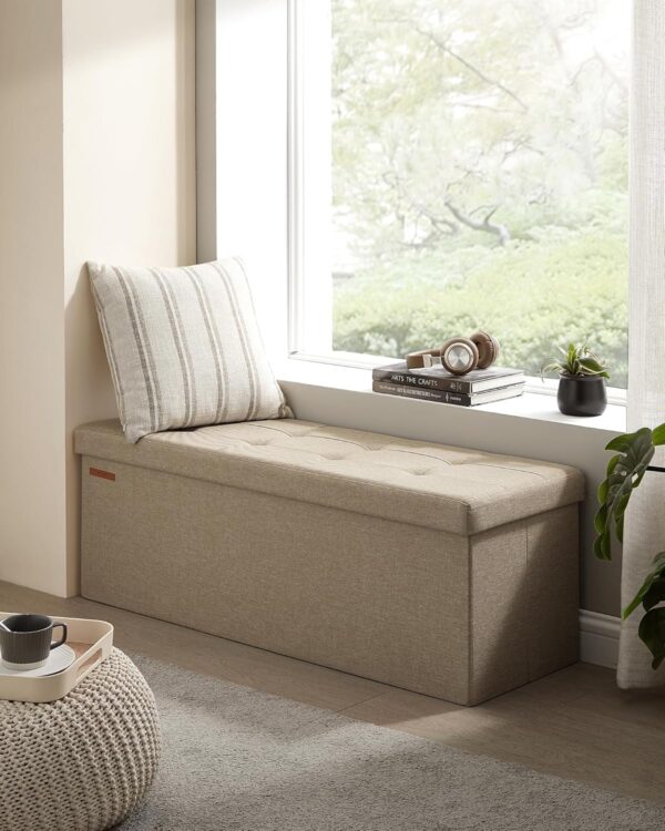 SONGMICS bancheta pliabila cu spatiu de depozitare 110x38x38 cm, MDF si material textil, capacitate 300 kg, maro camel - imagine 2
