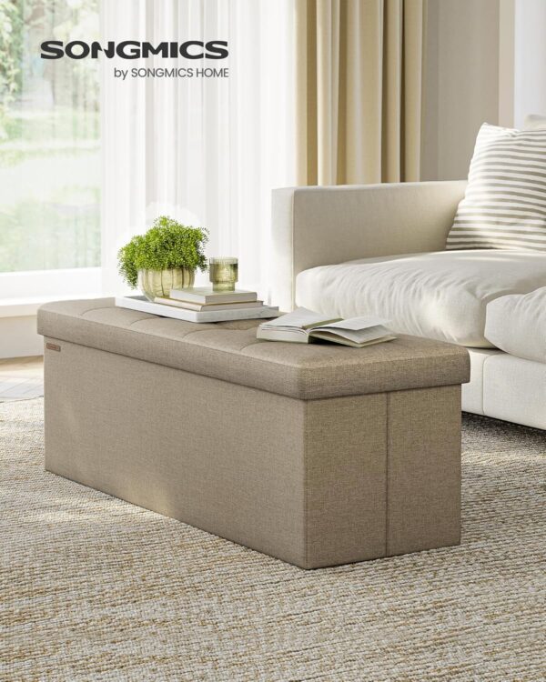 SONGMICS bancheta pliabila cu spatiu de depozitare 110x38x38 cm, MDF si material textil, capacitate 300 kg, maro camel - imagine 8