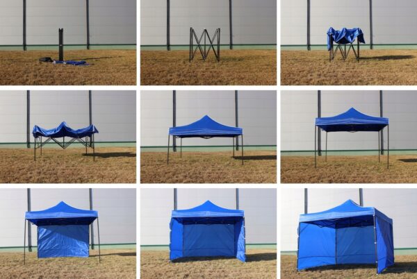 Cort tip pavilion cu 3 pereti laterali, structura solida otel si acoperis impermeabil PVC, 3x3 m cu inaltime reglabila, albastru - imagine 10