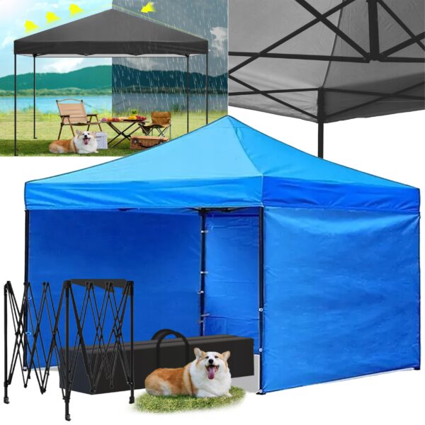 Cort tip pavilion cu 3 pereti laterali, structura solida otel si acoperis impermeabil PVC, 3x3 m cu inaltime reglabila, albastru - imagine 2