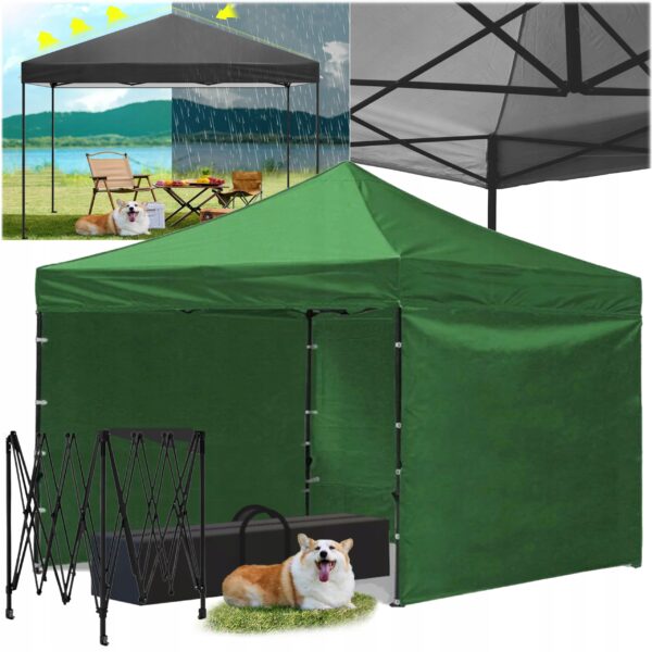 Cort tip pavilion cu 3 pereti laterali, structura solida otel si acoperis impermeabil PVC, 3x3 m cu inaltime reglabila, verde - imagine 6