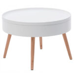 Masuta de cafea rotunda 60x40 cm, cu blat detasabil si spatiu depozitare, picioare din lemn de pin, alba
