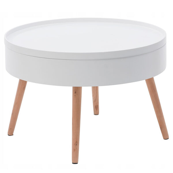 Masuta de cafea rotunda 60x40 cm, cu blat detasabil si spatiu depozitare, picioare din lemn de pin, alba