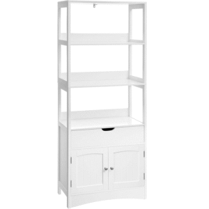 VASAGLE Dulap inalt baie cu 3 rafturi, 1 sertar si 1 dulap, din MDF, 60x33x154 cm, alb