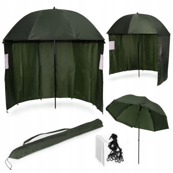 Umbrela pescuit 200x220 cm, cu perete lateral detasabil si ferestre, reglabil pe inaltime si unghi, otel si Oxford impermeabil, verde - imagine 2