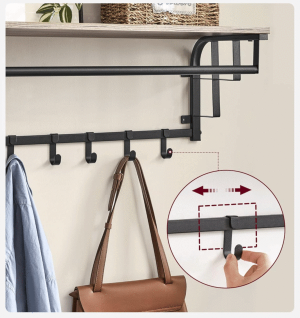 VASAGLE Cuier perete cu polita, bara si 5 carlige, 66x27x30 cm, gri - imagine 11