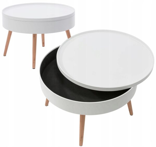 Masuta de cafea rotunda 60x40 cm, cu blat detasabil si spatiu depozitare, picioare din lemn de pin, alba - imagine 2