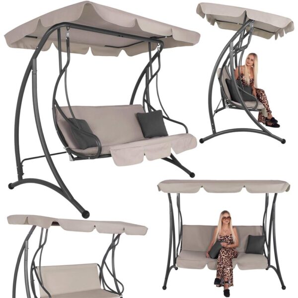 Leagan de gradina 190x115x176 cm, pentru 3 persoane, copertina reglabila, perne incluse, cadru otel si material impermeabil, bej - imagine 2