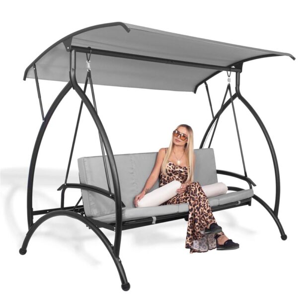 Balansoar gradina 230x136x190 cm, 2 in 1 leagan si pat, copertina reglabila, saltea si perne incluse, cadru otel, gri si ecru - imagine 2