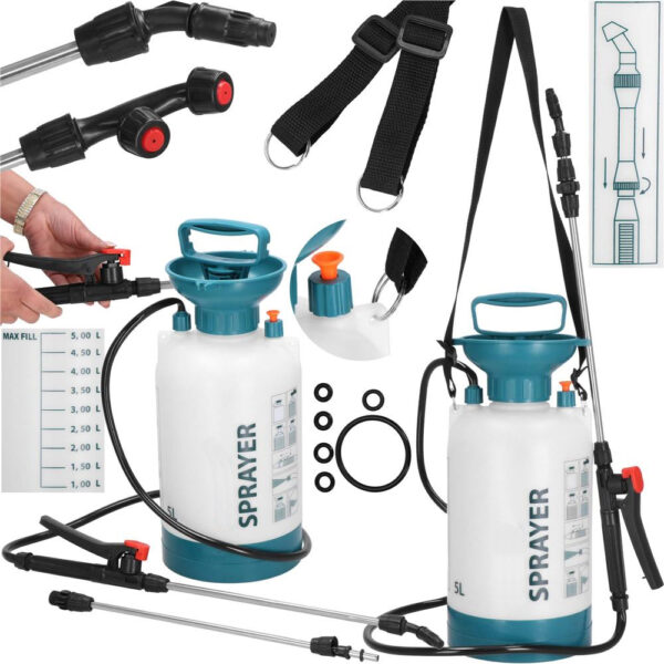 Pompa de stropit manual 5L cu lance reglabila 63 cm, 2 duze si curea de umar - imagine 2
