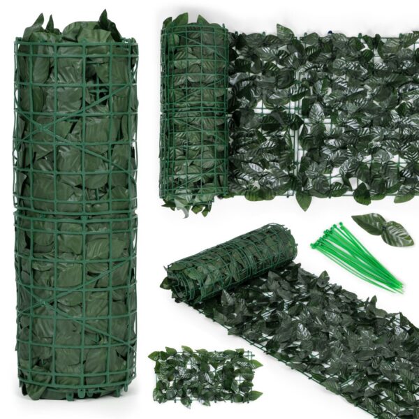 Gard artificial decorativ 50x500 cm, frunze ornamentale, protectie UV si intemperii, plastic PVC, verde inchis - imagine 2