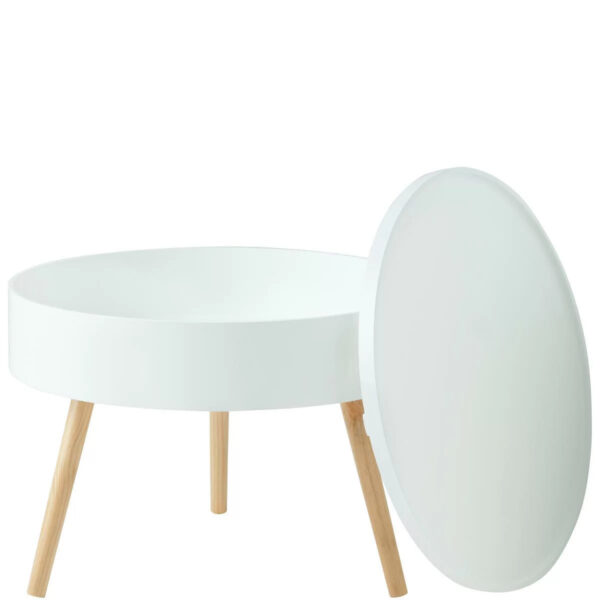 Masuta de cafea rotunda 60x40 cm, cu blat detasabil si spatiu depozitare, picioare din lemn de pin, alba - imagine 10