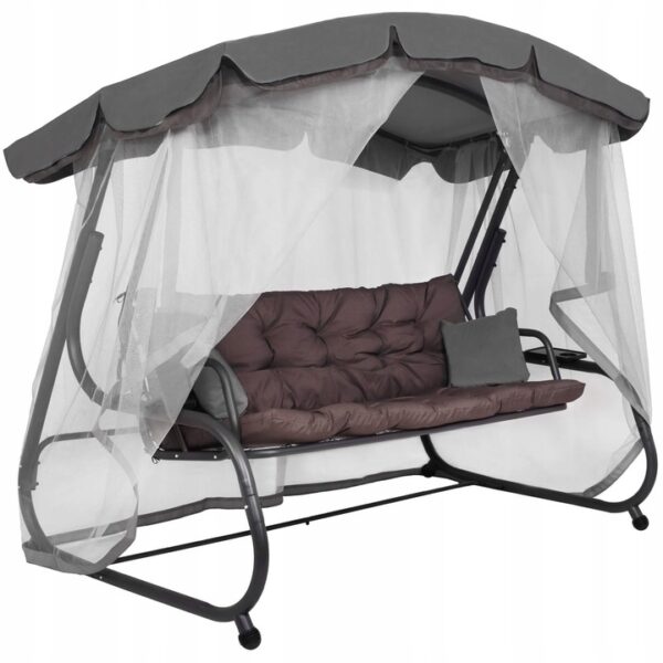 Balansoar gradina 226x126x192 cm, 3 in 1 leagan, pat si relaxare, cu plasa anti-insecte, copertina reglabila, saltea si perne incluse, gri si maro - imagine 10