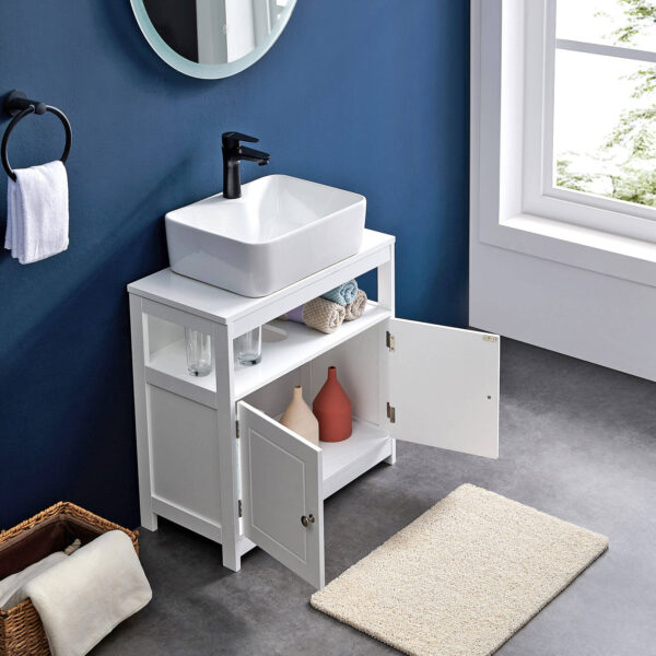 VASAGLE Dulap baie 60x30x60 cm, 2 usi, compartiment deschis, stil scandinav, alb mat - imagine 5