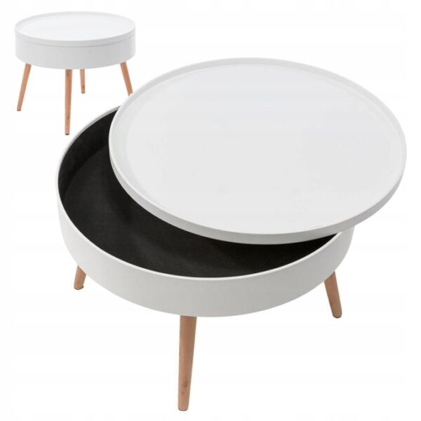Masuta de cafea rotunda 60x40 cm, cu blat detasabil si spatiu depozitare, picioare din lemn de pin, alba - imagine 11