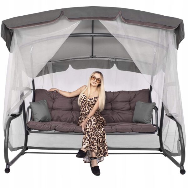 Balansoar gradina 226x126x192 cm, 3 in 1 leagan, pat si relaxare, cu plasa anti-insecte, copertina reglabila, saltea si perne incluse, gri si maro - imagine 11